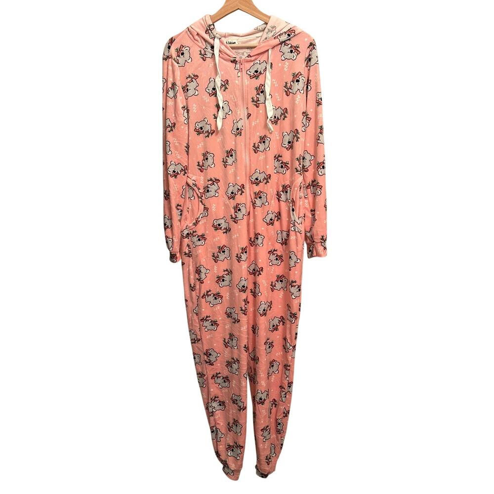Weekend Edition Koala Print One Piece Pajamas XL Hooded Zip Jogger Pockets Pink